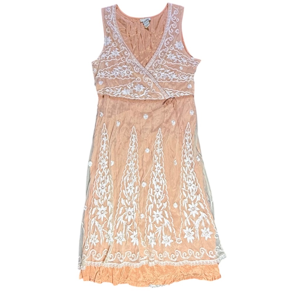 Odille Dress Size 8 Sleeveless‎ Embroidered Floral Lace Peach Beige Party